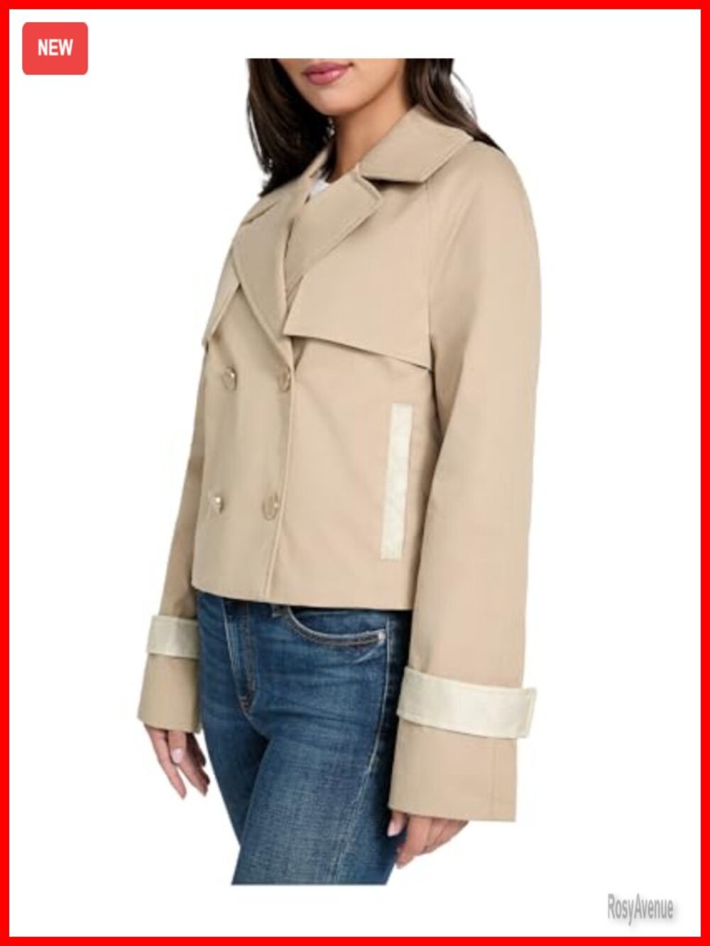 Cropped Double Breasted Trench Coat Quilted Notch Collar Snap Pockets